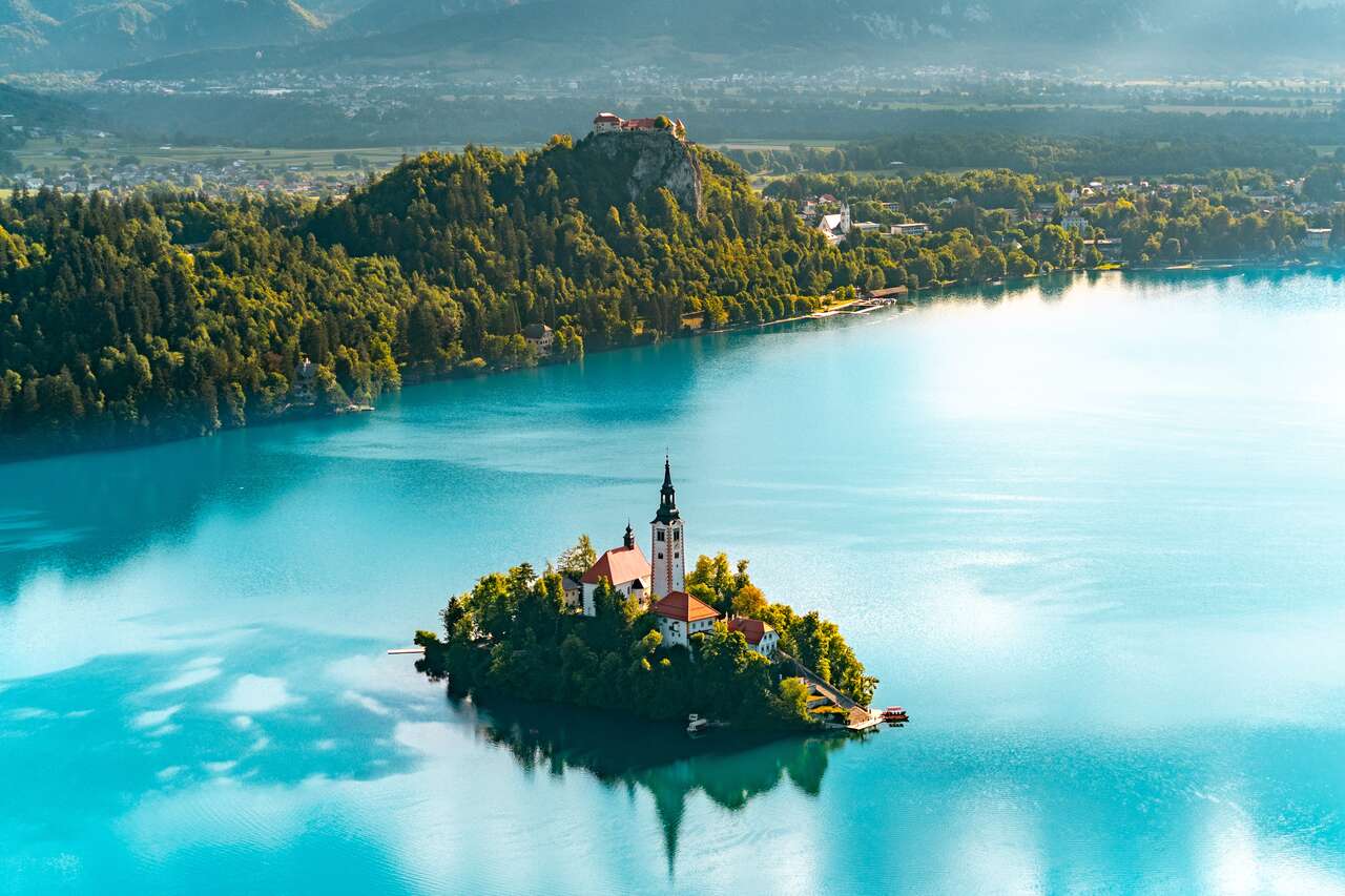 The church on an island at Lake Bled seen from Mala Osojnica 