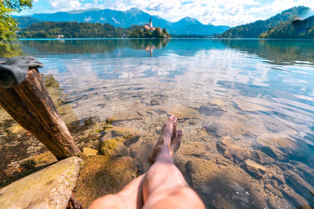 A person legs after swimming at Lake Bled