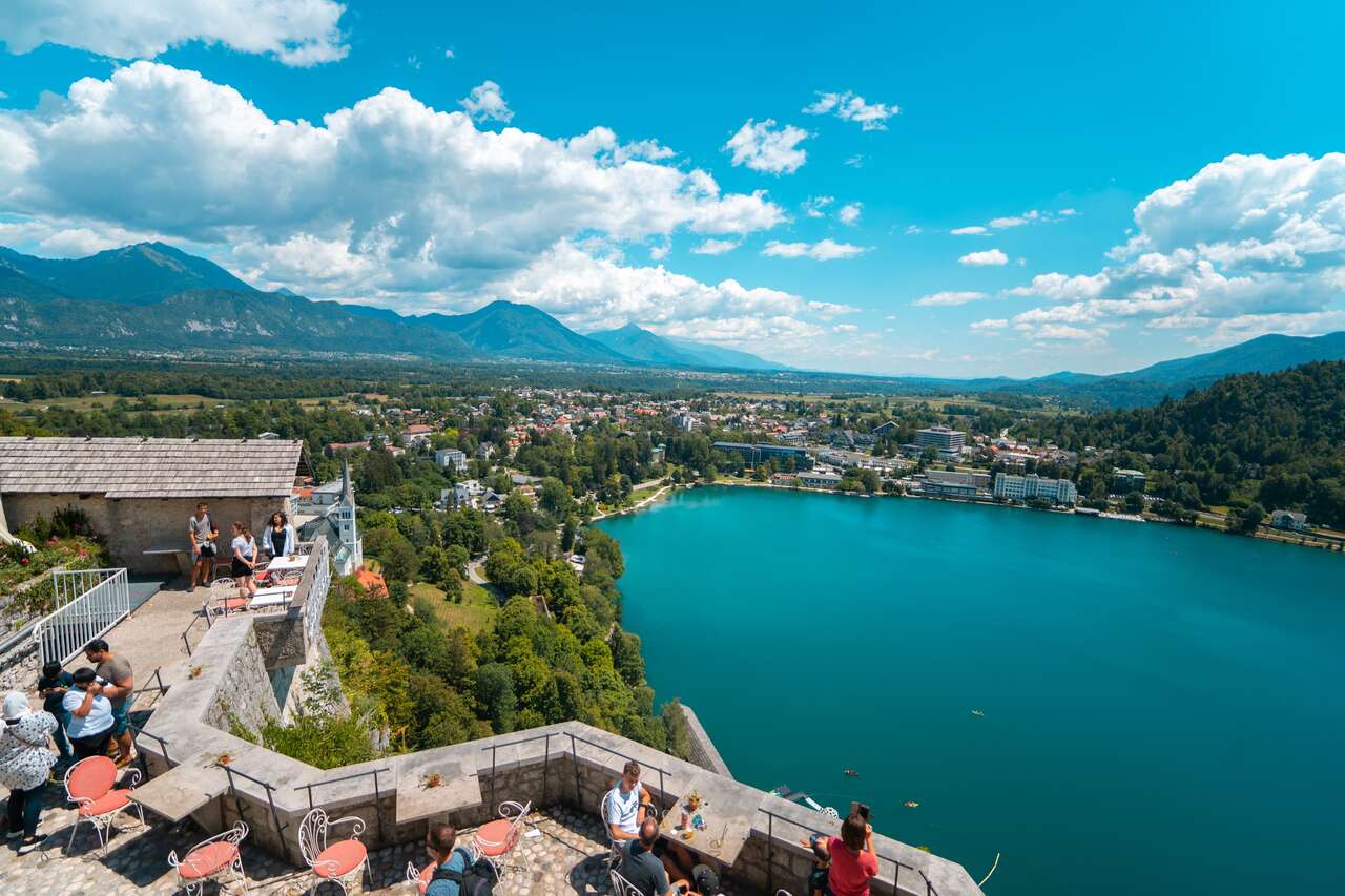 The view of Lake Bled from a cafe inside Bled Castle