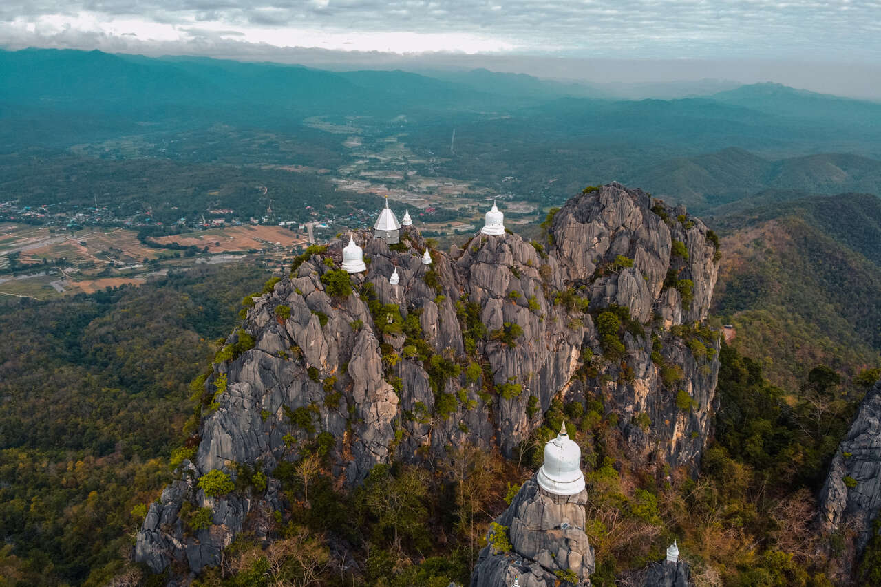 Wat Chaloem Phra Kiat from a drone in Lampang, Thailand.